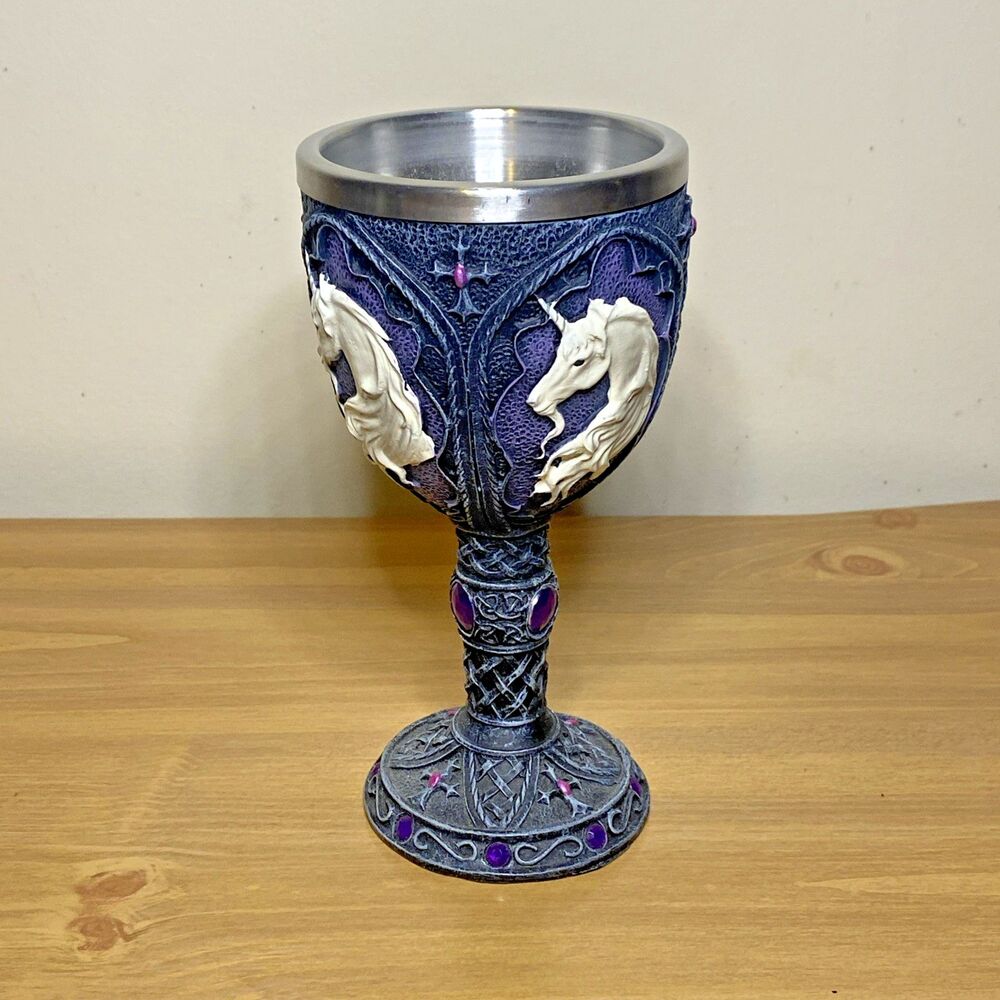 Unicorn Goblet Celtic Meidevel Halloween  Purple Stone 7.5” Remove Steel Insert